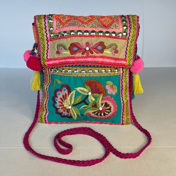 Curations Embroidered Embellished Crossbody Boho Tassel Pom Pom Bag Made India - Picture 2 of 10